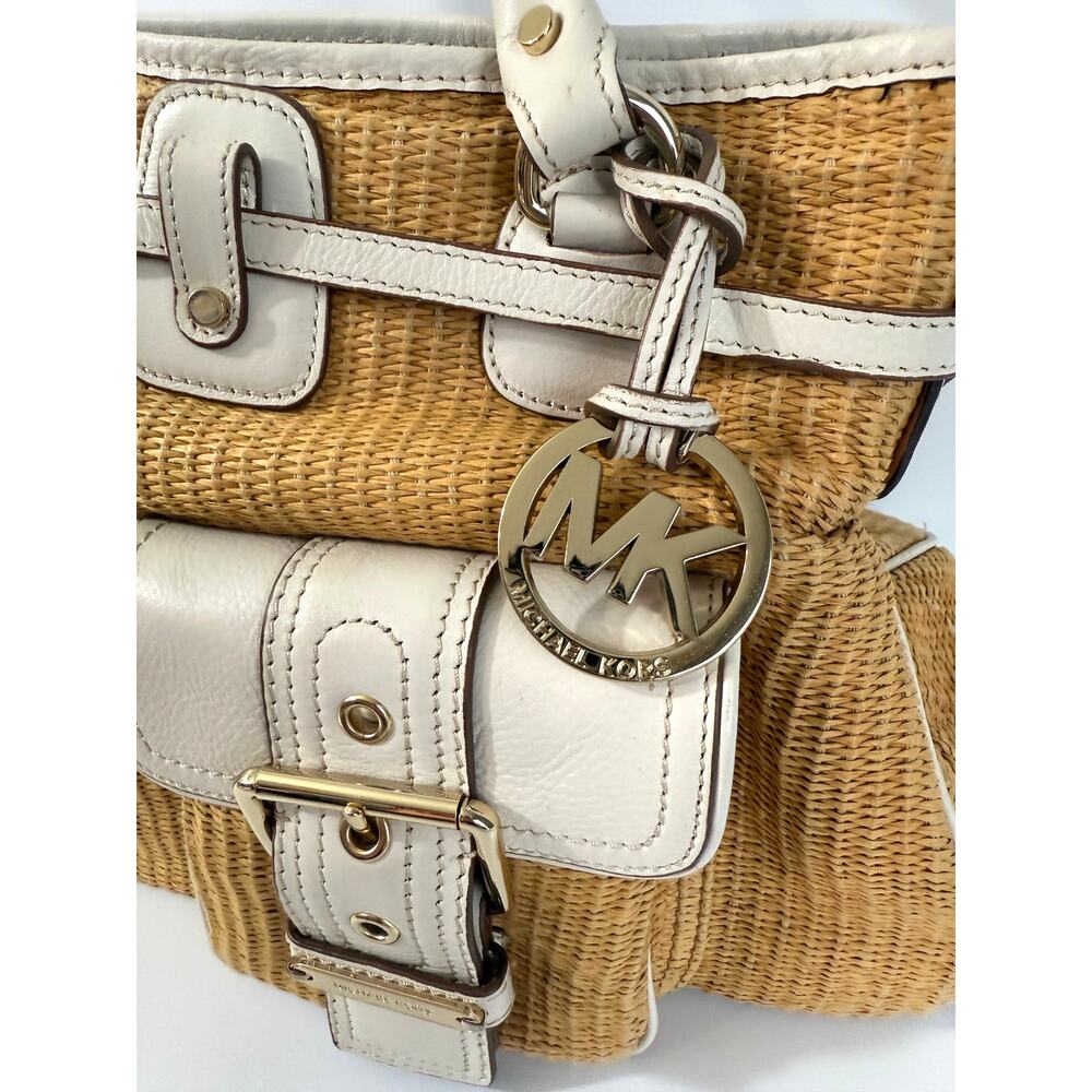 Michael Kors Straw Woven White Leather Shoulder Bag Gold Multiple Pockets - Picture 3 of 11
